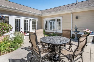 Beautiful outdoor seating area with flowers