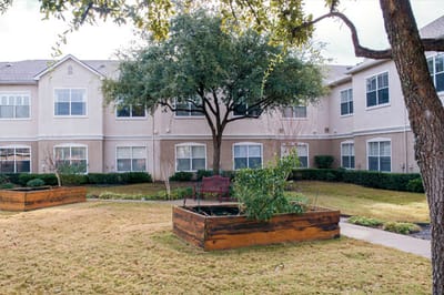 Outdoor garden area with seating and trees