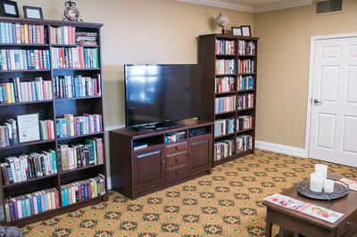 Cozy common area with bookshelves and a TV