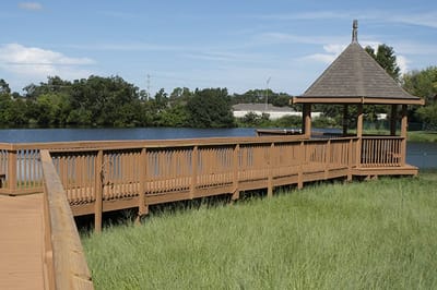 View of a lakeside gazebo and walking path