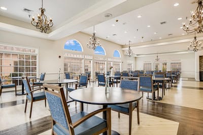 Spacious dining area with elegant lighting