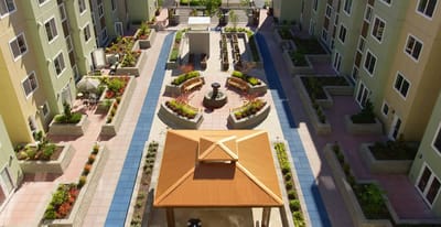 Aerial view of landscaped outdoor space in a senior living facility