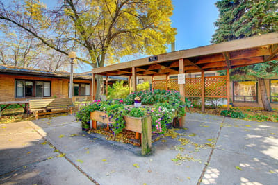Outdoor space with colorful flowers and seating area
