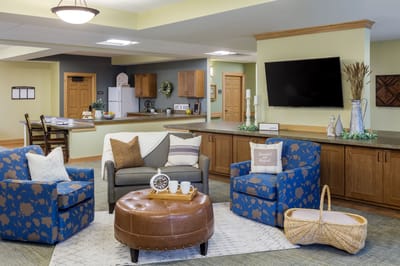 Bright common area with seating and decor