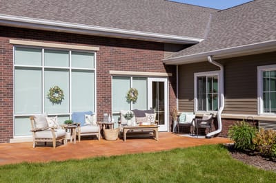 Outdoor patio area with seating and decorations