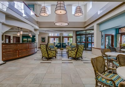 Bright and spacious common area with seating