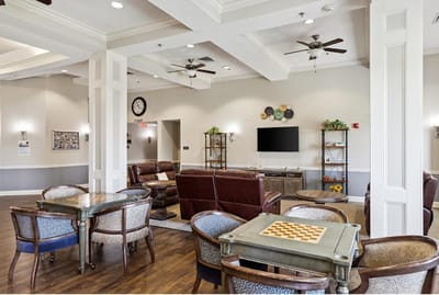 Interior view of a common area with seating and decor