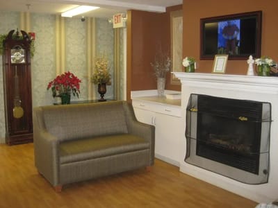 Cozy common area with fireplace and seating