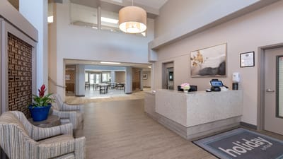 Welcoming lobby area with seating and reception desk