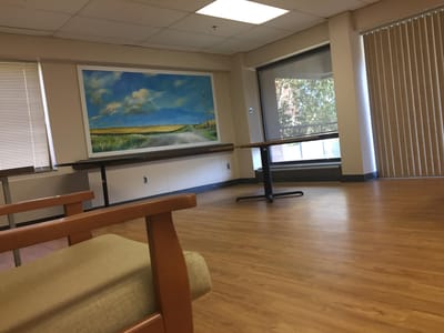 Bright interior room with large window and scenic mural
