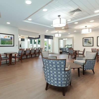 Bright and spacious common area with seating