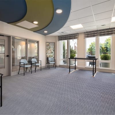 Bright common area with modern decor and seating