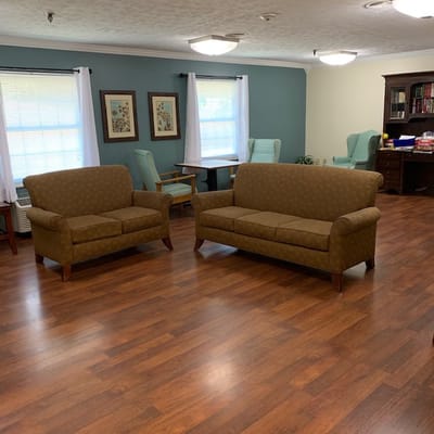 Bright interior of a lounge with seating