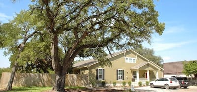 Exterior view of Mercy House Waco with large tree