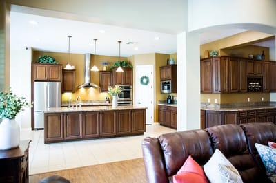 Bright common area with modern kitchen and seating
