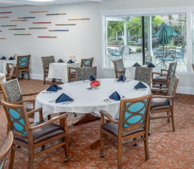 Dining area with tables set for a meal
