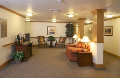 Cozy common area with seating and lighting
