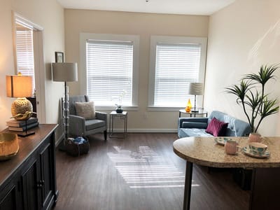 Bright and inviting living room in assisted living facility