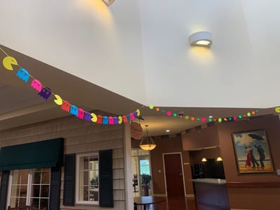 Interior decoration with colorful garland in common area