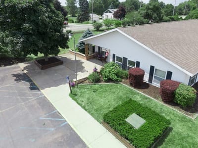 Aerial view of the facility building and outdoor spaces