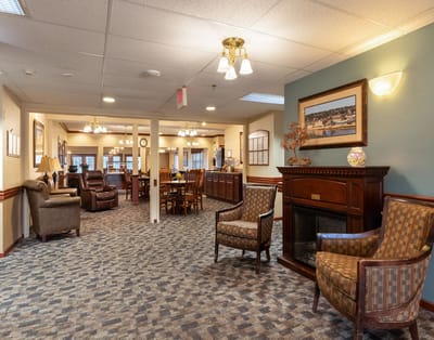 Interior view of a comfortable common area with seating