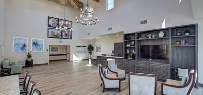 Bright common area with seating and decor