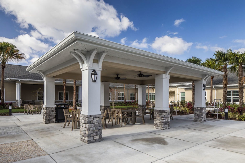 Covered outdoor seating area with tables and chairs