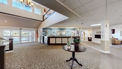 Interior view of the facility reception area with seating