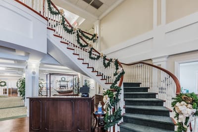Elegant staircase adorned with holiday decorations