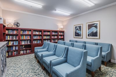 Bright seating area in a cozy library space