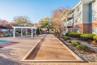 Outdoor activity area with seating and pathways