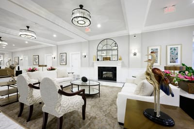 Bright interior common area with seating and decor