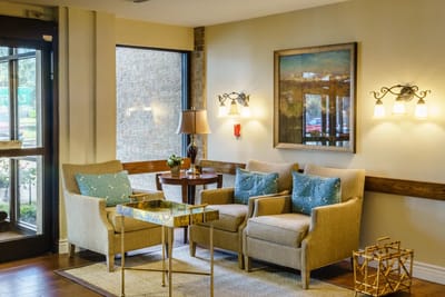 Bright interior of a cozy common area with seating