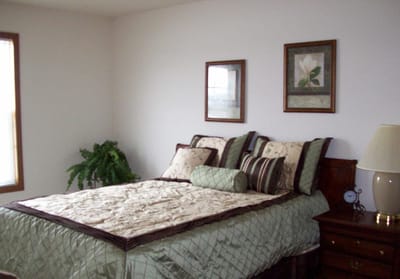 Cozy bedroom with decorative pillows and artwork