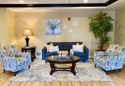 Bright common area with seating and decor