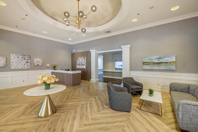 Bright lobby area with modern seating and decor