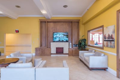 Interior view of a common area with seating