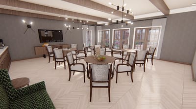 Bright common area with tables and chairs