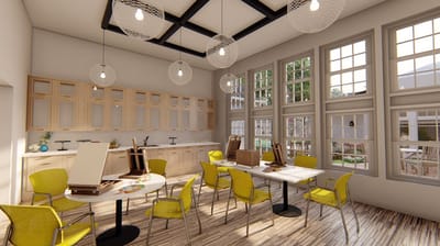 Bright activity room with tables and chairs