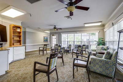 Bright interior common area with seating