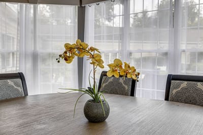 A table with a decorative plant in an indoor space