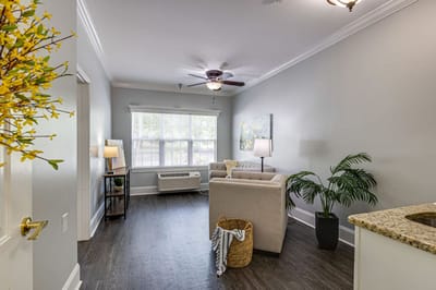 Bright and inviting common area with seating