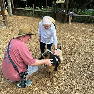 Residents interacting with a goat in an outdoor space