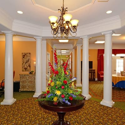 Interior view of the lobby with floral arrangement