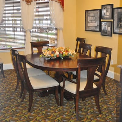 Dining room setup with a decorative table centerpiece