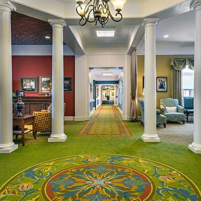 Bright and welcoming interior lobby of a senior living facility