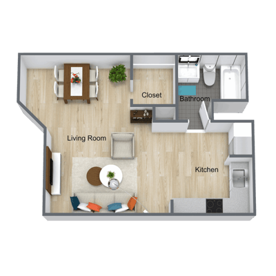A floor plan of a living room and kitchen layout
