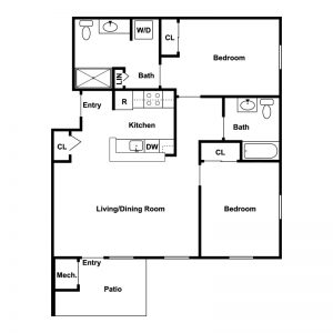 Floor plan of a two-bedroom apartment layout