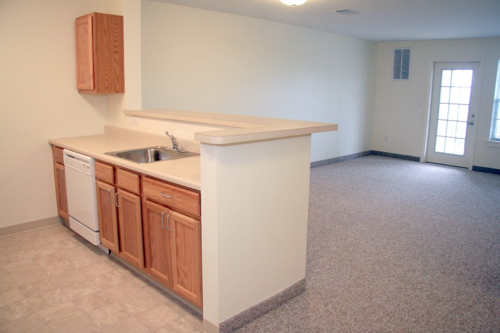 Interior view of a resident unit kitchen and living area