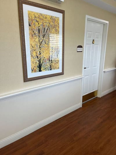 A decorated hallway with a painting and door